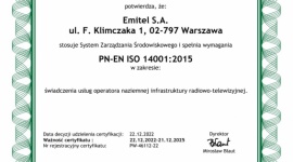 Emitel wdrożył system zarządzania środowiskiem ISO14001:2015